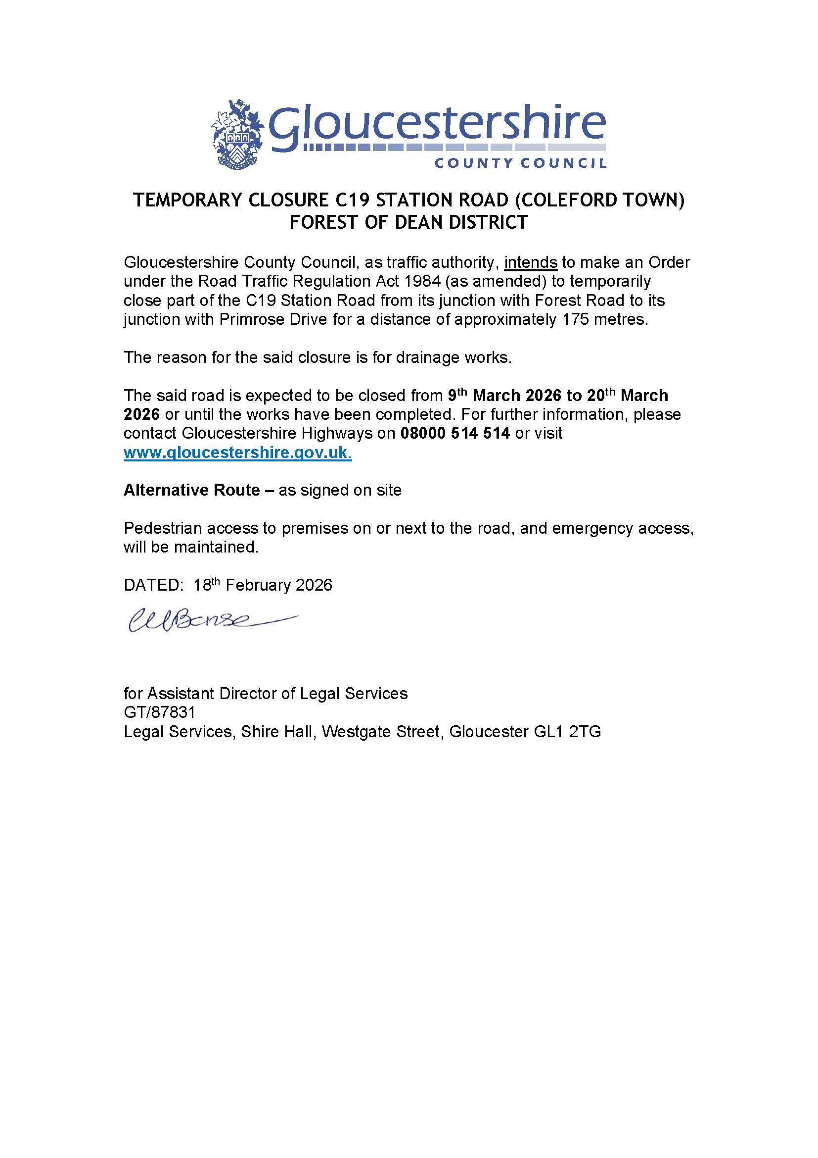 Temporary Closure Station Road, Milkwall. 9th March - 20th March